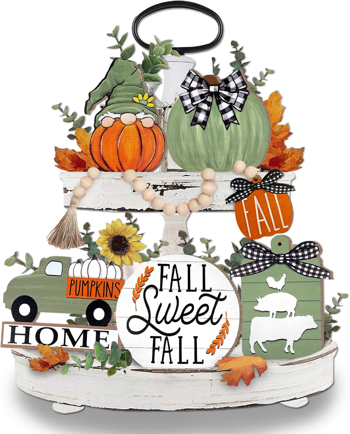 Fall Tiered Tray Decor, Green Farmhouse Pumpkin Tray Decorations, Gnome Truck Buffalo Plaid Wooden Signs Bead Garland, Rustic Thanksgiving Harvest Autumn Decorations for Home Table Shelf Green Fall Tiered Tray Decor