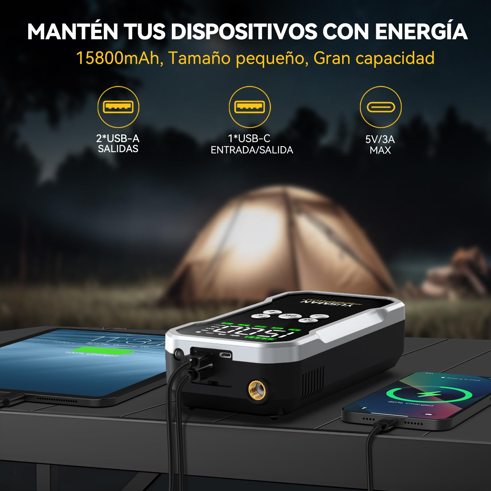 YUSMAN Arrancador de Baterias de Coche con Compresor de Aire, 12V 8000A Arrancador Coche Portatil con Inflador de 160 PSI (para 10L Gasolina o 8L Diesel), Linterna LED de Emergencia