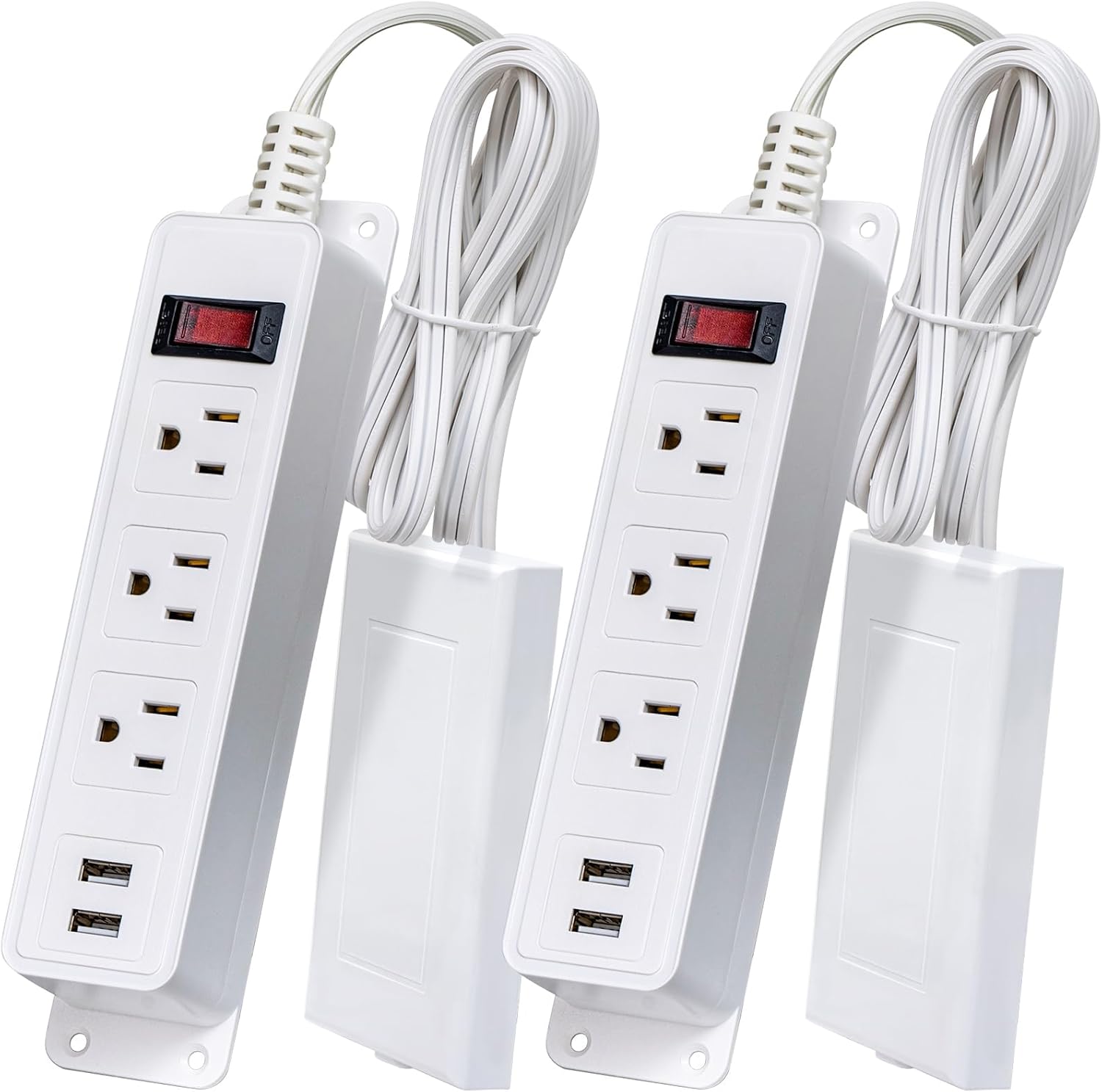 addlon Flat Plug Power Strip with Ultra-Thin Wall Plate, 6 FT Flat Extension Cord with 3 Standard 15A Outlets & 2 USB Ports, Electrocution Protection, Includes 2 Sets of Fixing Clip, ETL Listed, 2Pack