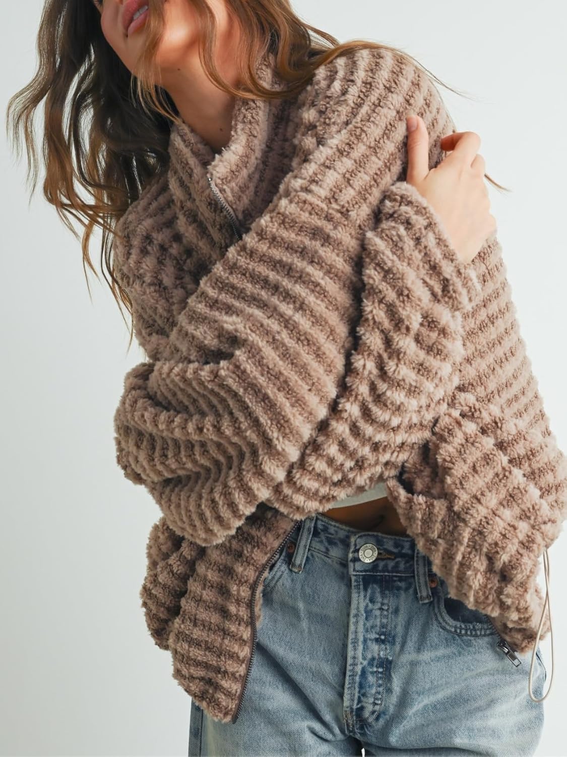 Womens Striped Fleece Jacket Winter Collared Puffer Coat Zip Up Warm Fuzzy Shacket With Pocket