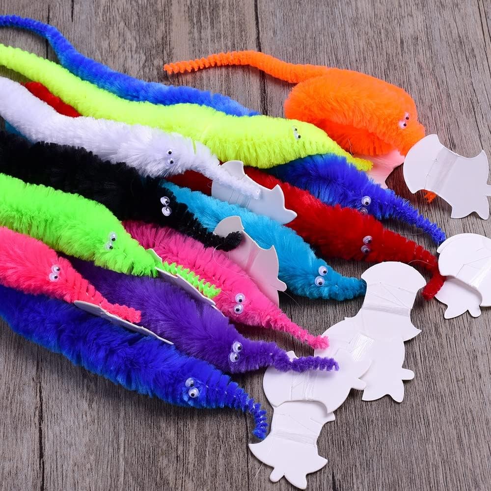 Comonc 60 Pcs Magic Twisty Worm Wiggly Twisty Fuzzy Worms on a String Magic Worm Toys for Party Supplies,12 Colors