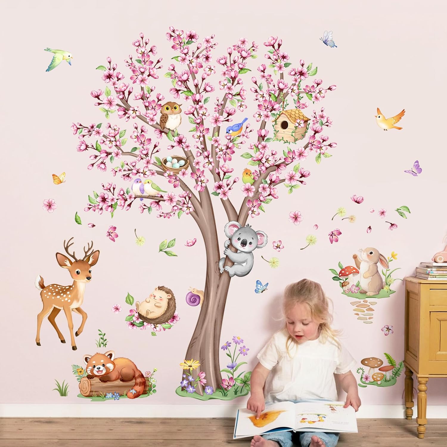 Cherry Blossom Tree Animals Wall Decals Pink Flower Tree Wall Stickers Peel and Stick Deer Squirrel Small Animals Decor for Girls Bedroom Living Room Nursery Playroom Classroom Decor