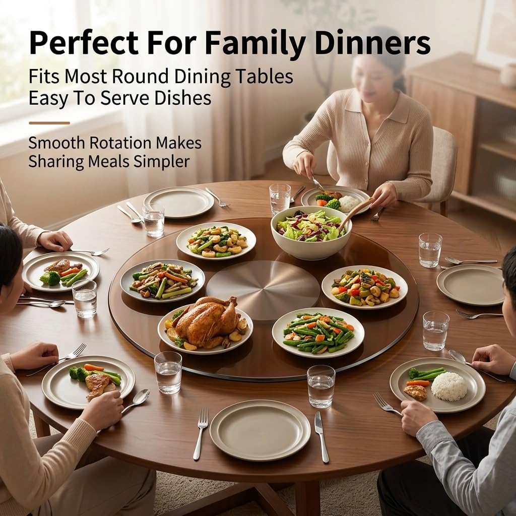 Brown Lazy Susan Tempered Glass Heavy Duty Turntable for Table top,with Swivel Assist System Silent & Smooth Spin,for Family Gatherings, Banquets, Weddings