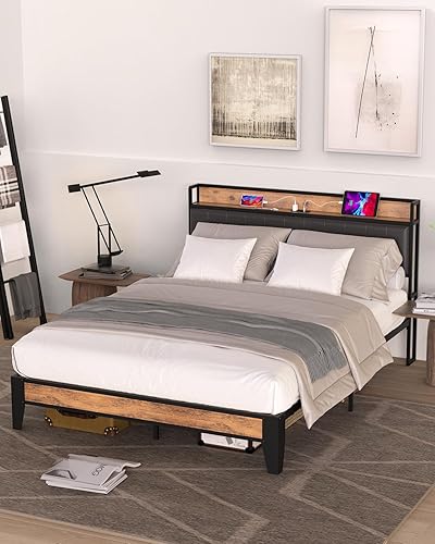 Miniatura 8 de BUCOTOD Base de cama con cabecera de almacenamiento, estación de carga integrada, fácil montaje, sin ruido, diseño antideslizante, resistente y