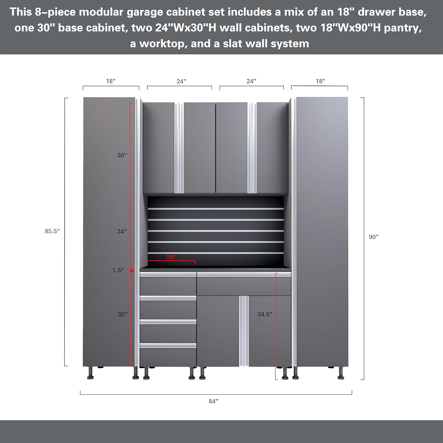 Premium Garage Cabinets 7' Storage Sets Solution with Adjustable Legs, Soft-Close Drawer & Door, Integrated Handles, Heavy Duty Plywood Box Construction, Tool and Equipment Organizer (Combo 7CS-011A)