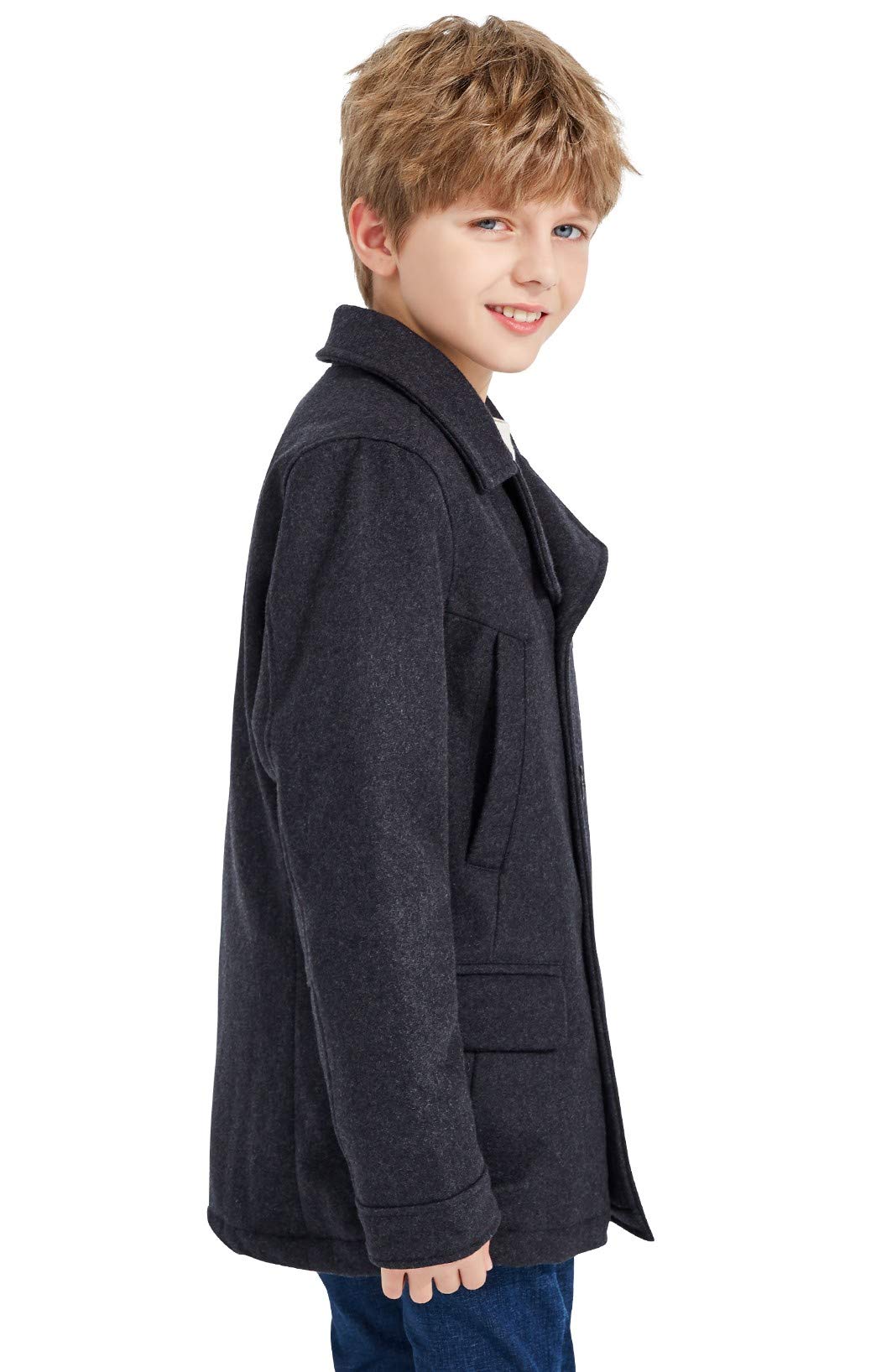SOLOCOTE Niños Invierno Lana Blend Abrigo de guisante Niños Cuello con muescas Doble Pechera alargada Abrigo trench