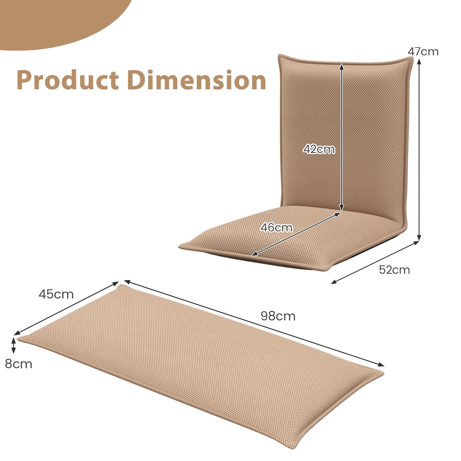 LIFEZEAL Sedia da Pavimento, Cuscino da Terra, Schienale Regolabile a 6 Livelli, Telaio in Acciaio, Imbottito in Spugna, Fodera Traspirante, Max 136kg, per Meditazione, Lettura, Relax, Lounge, Beige
