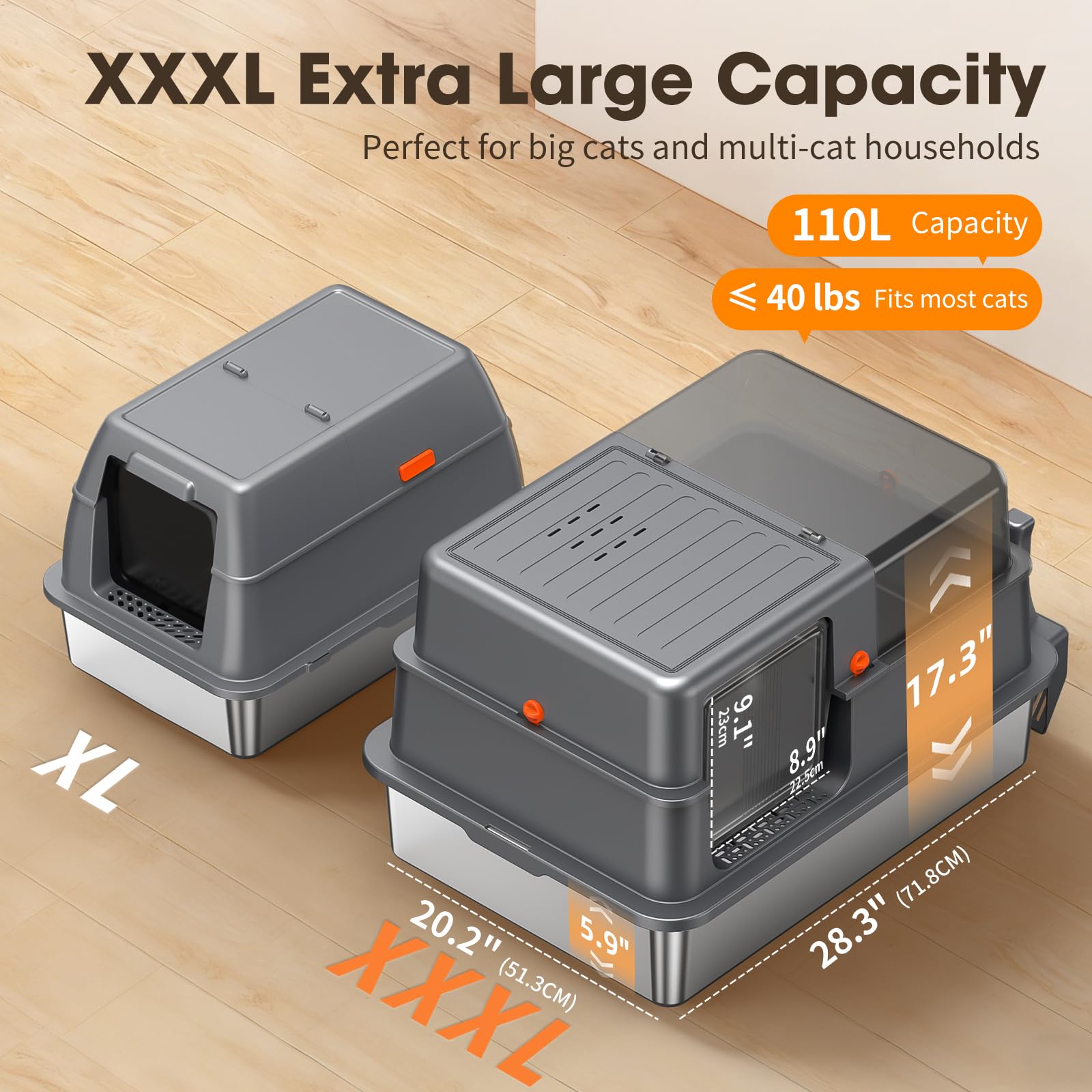 XXXL Stainless Steel Litter Box with Lid，28.3" L x 20.2" W x 17.3" H Extra Large Enclosed High Sided Metal Cat Litter Box for Large Cat and Multiple Cats,Non-Sticky, Anti-Leakage, Easy to Clean - image 2