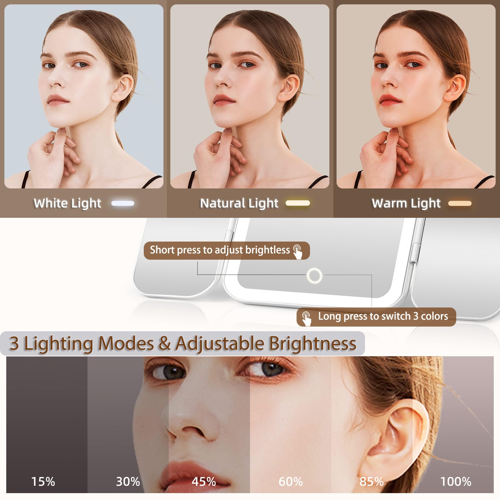 Espejo de maquillaje de viaje plegable con luz, 1x/5X/10X/20x/30x, espejo de maquillaje de viaje recargable con soporte ajustable, 3 colores regulables, control táctil (blanco puro)