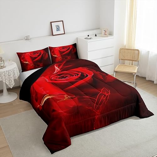 Miniatura 5 de Erosebridal Juego de edredón floral rosa tamaño individual, juego de ropa de cama color negro degradado rojo para niñas y mujeres, regalo romántico