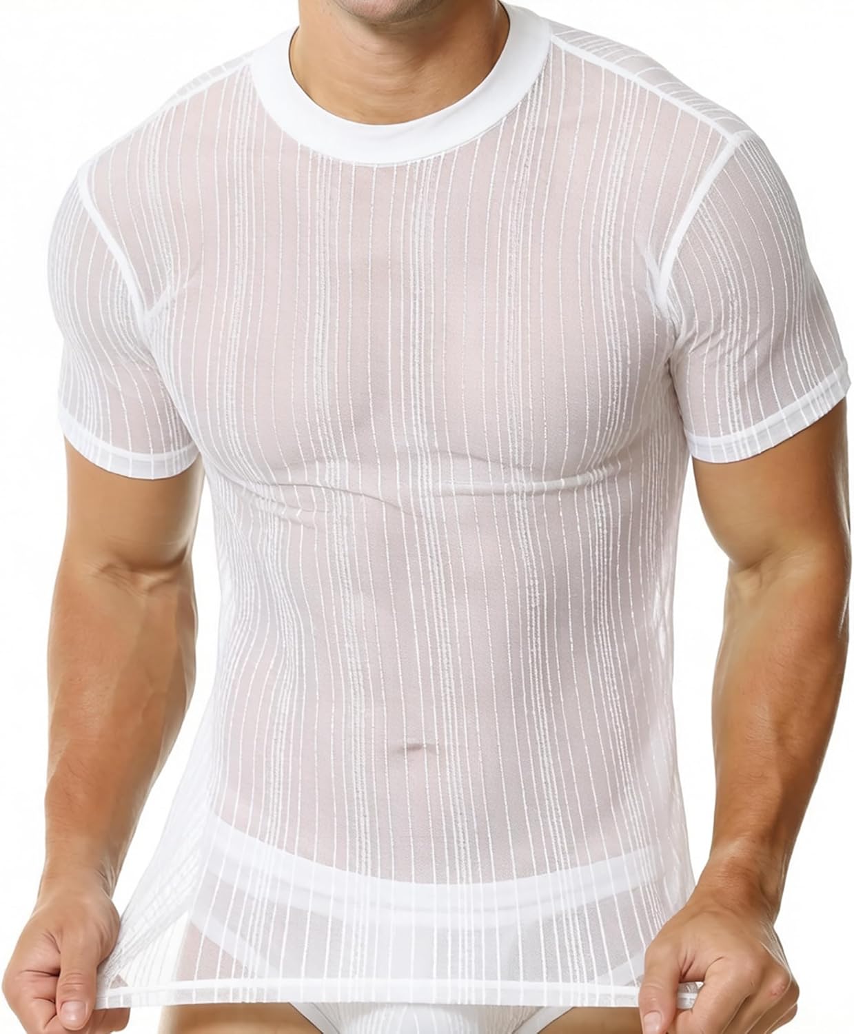 QiaTi Men's Sheer Mesh Short Sleeve T Shirt High-Shine Slim Fit Undershirt Breathable Stretch Top for Club