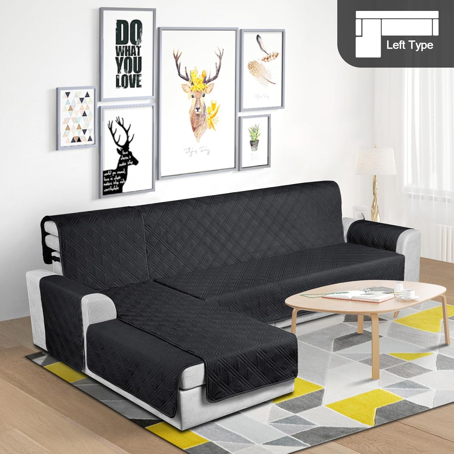 TAOCOCO 100% Waterproof Sectional Couch Covers L Shaped Sofa Covers 3pcs Chaise Lounge Cover for Pet Kids, Reversible Couch Covers for Sectional Sofa Ottoman with Elastic Straps(X-Large, Black) Black X-Large