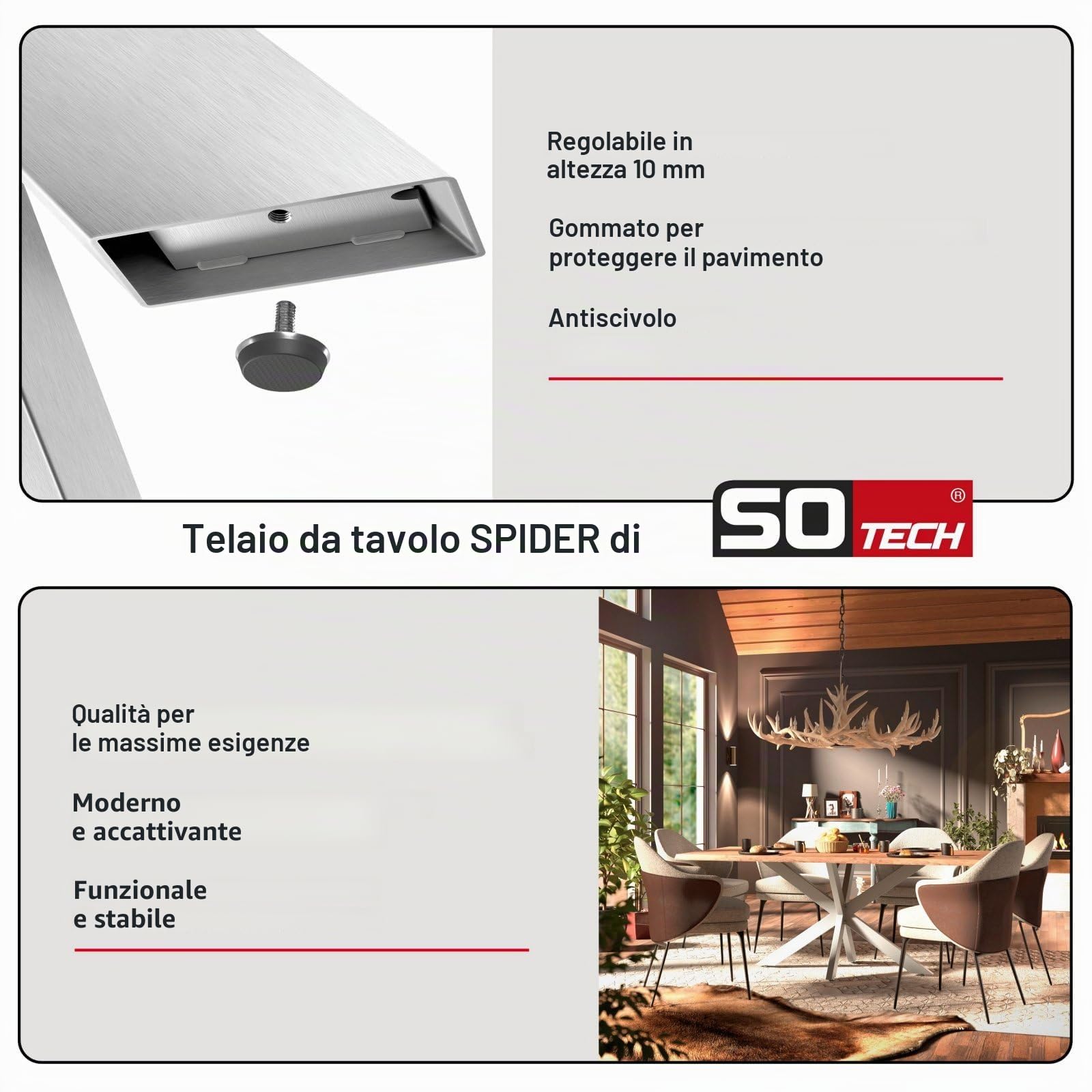 SOTECH Struttura del tavolo SPIDER/Gambe del tavolo pesanti in vero acciaio inox spazzolato/Gambe del tavolo 710 x 1200 x 680 mm/Montaggio facile