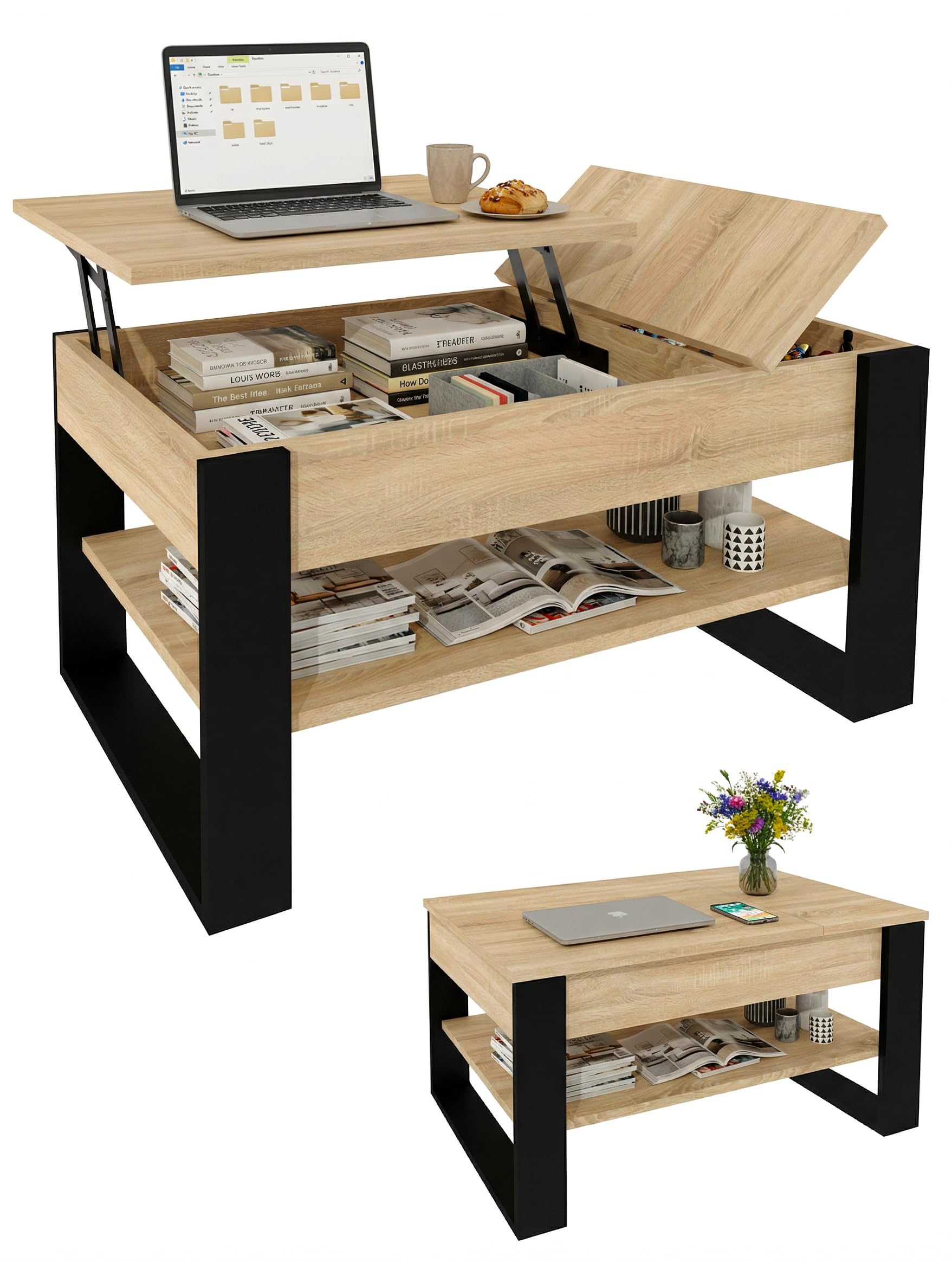 Mesa de Centro elevable | Mesa de salón con almacenaje | Roble Sonoma/Negro | con función Lift