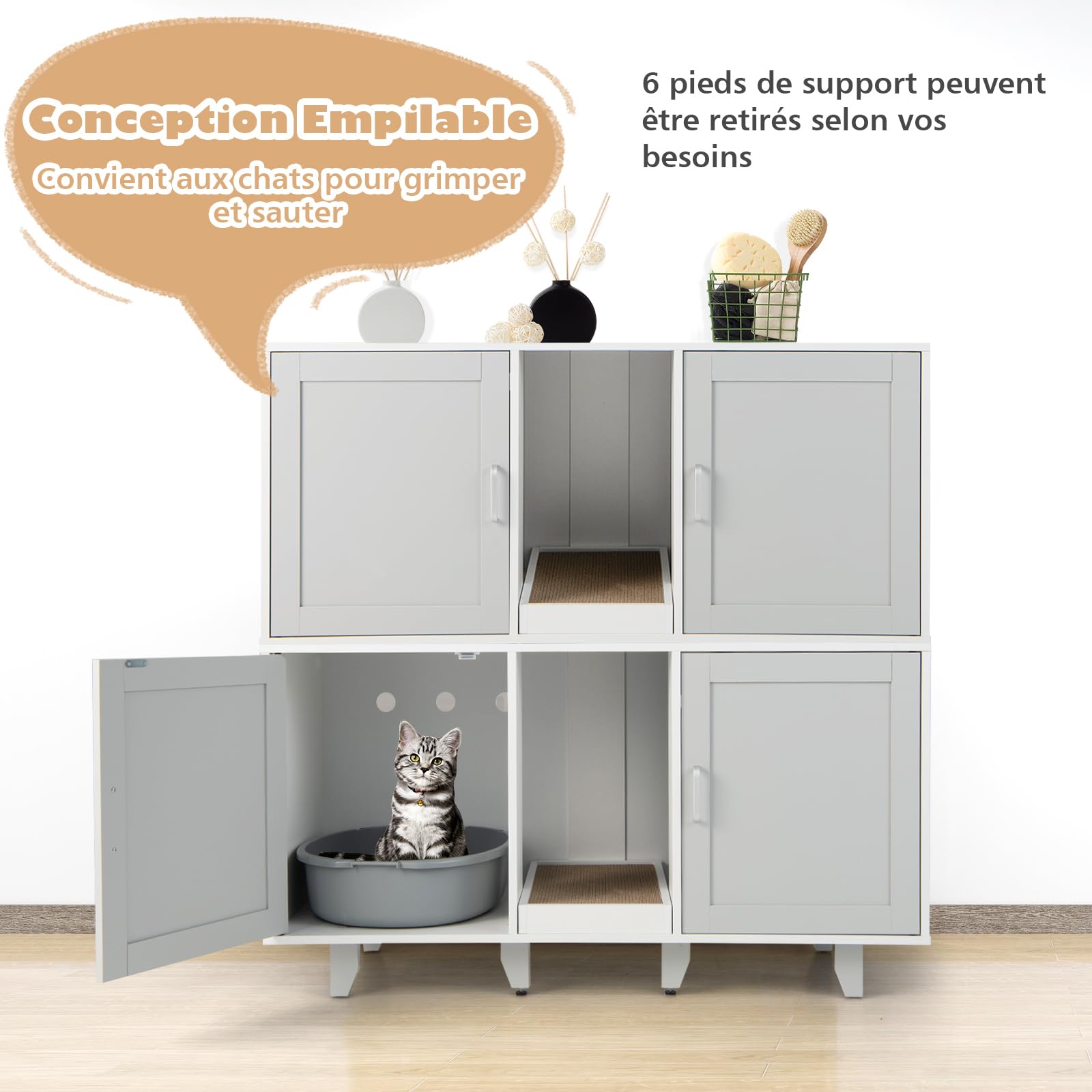 GOPLUS Meuble Litiere Chat 3 en 1, Maison de Toilette Chat en Bois 52x120x65CM, Cache Litiere avec 2 Porte, Pieds Réglables, Planche à Griffer Détachable, Trou de Ventilation, Table TV, Moderne