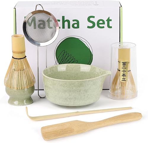 Juego de 6 batidores de matcha con batidor de bambú (120 puntas) y soportes de cerámica y cuenco, cuchara, tamiz de acero inoxidable para mujeres,