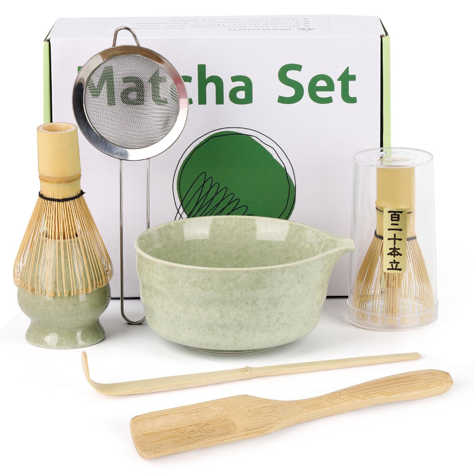 Matcha-Schneebesen-Set mit Bambus-Schneebesen (120 Zinken) und Keramikhalter und Schüssel, Schaufel, Edelstahlsieb für Frauen, Weihnachten, Geburtstag, 6-teilig