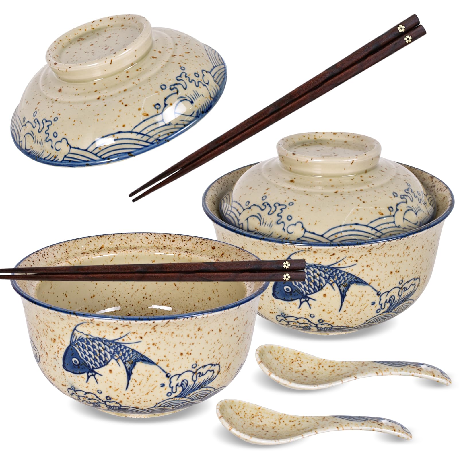 Juego de 2 Cuenco de Ramen, Tazones Ramen de Cerámica de 800 ml con Tapa Palillos y Cucharas, Ramens Bowl de Cerámica, para Udon, Soba, Fideos, Ensaladas y Sopas (A)