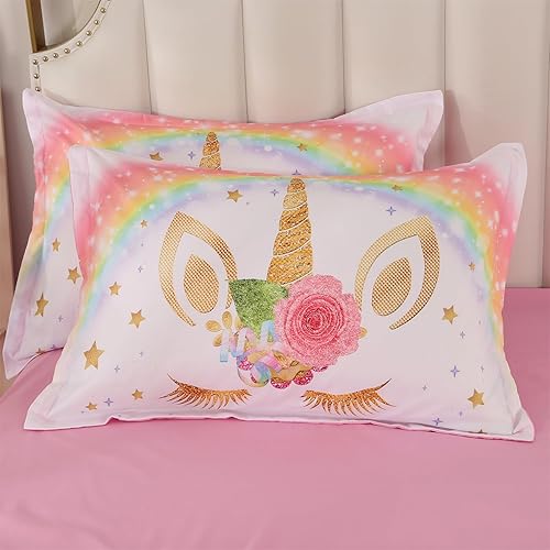 Miniatura 5 de Wowelife Juego de edredón de unicornio Queen, juego de ropa de cama rosa tamaño Queen, juego de edredón premium de 5 piezas con diseño floral de