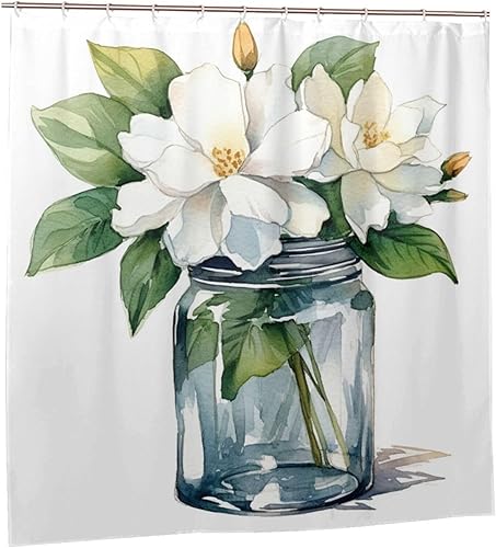 Miniatura 7 de YLATY3027 - Cortina de ducha con estampado de flores y flores para baño, juego de cortina de ducha bohemia con hojas verdes y flores blancas, tela