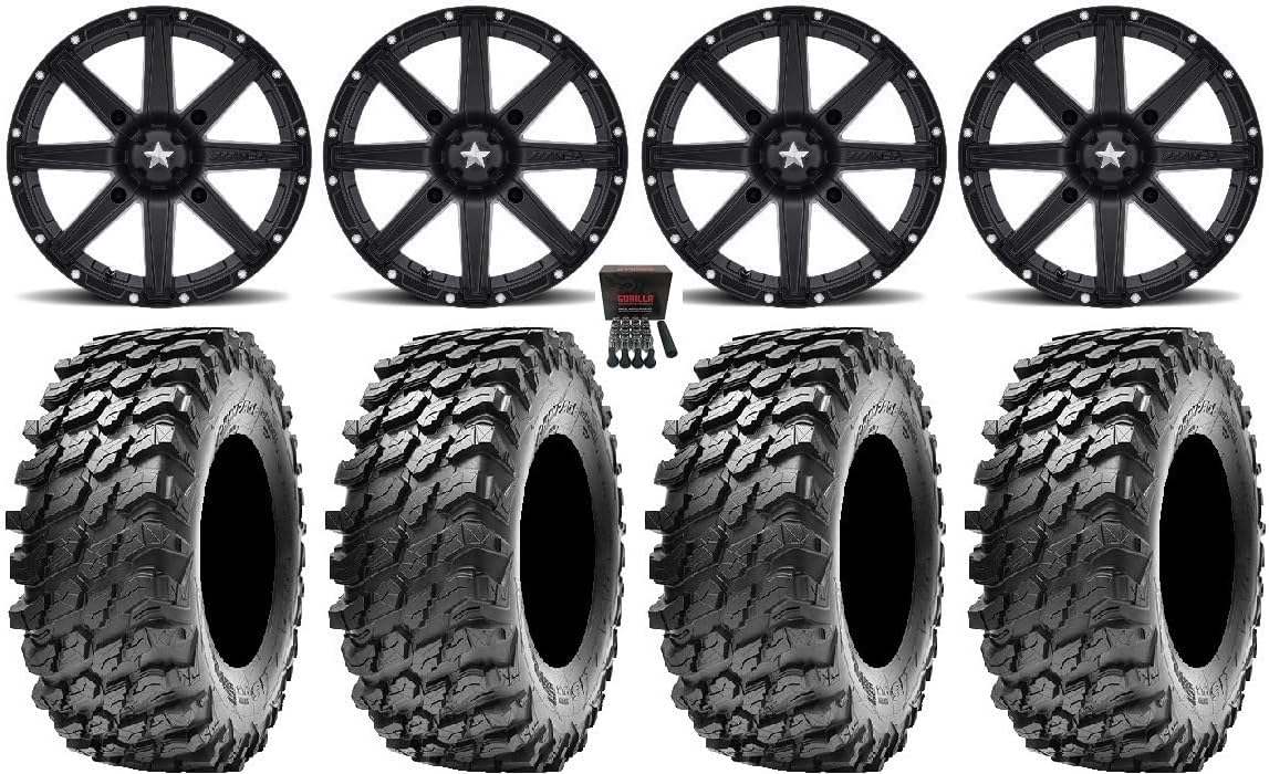Bundle - 9 Items: MSA Black Clutch 15" ATV Wheels 30" Rampage Tires [4x156 Bolt Pattern 3/8x24 Lug Kit]