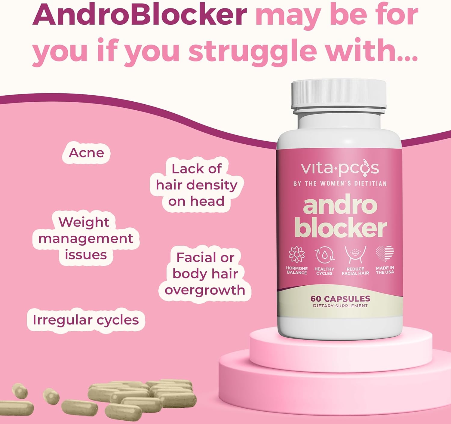 VITA-PCOS AndroBlocker Balance Supplement for Women - Stinging Nettle Capsules with Zinc & Inositol for Unwanted Facial Hair & Healthy Period - Saw Palmetto for Women Energy & Vitality - 60 Capsules