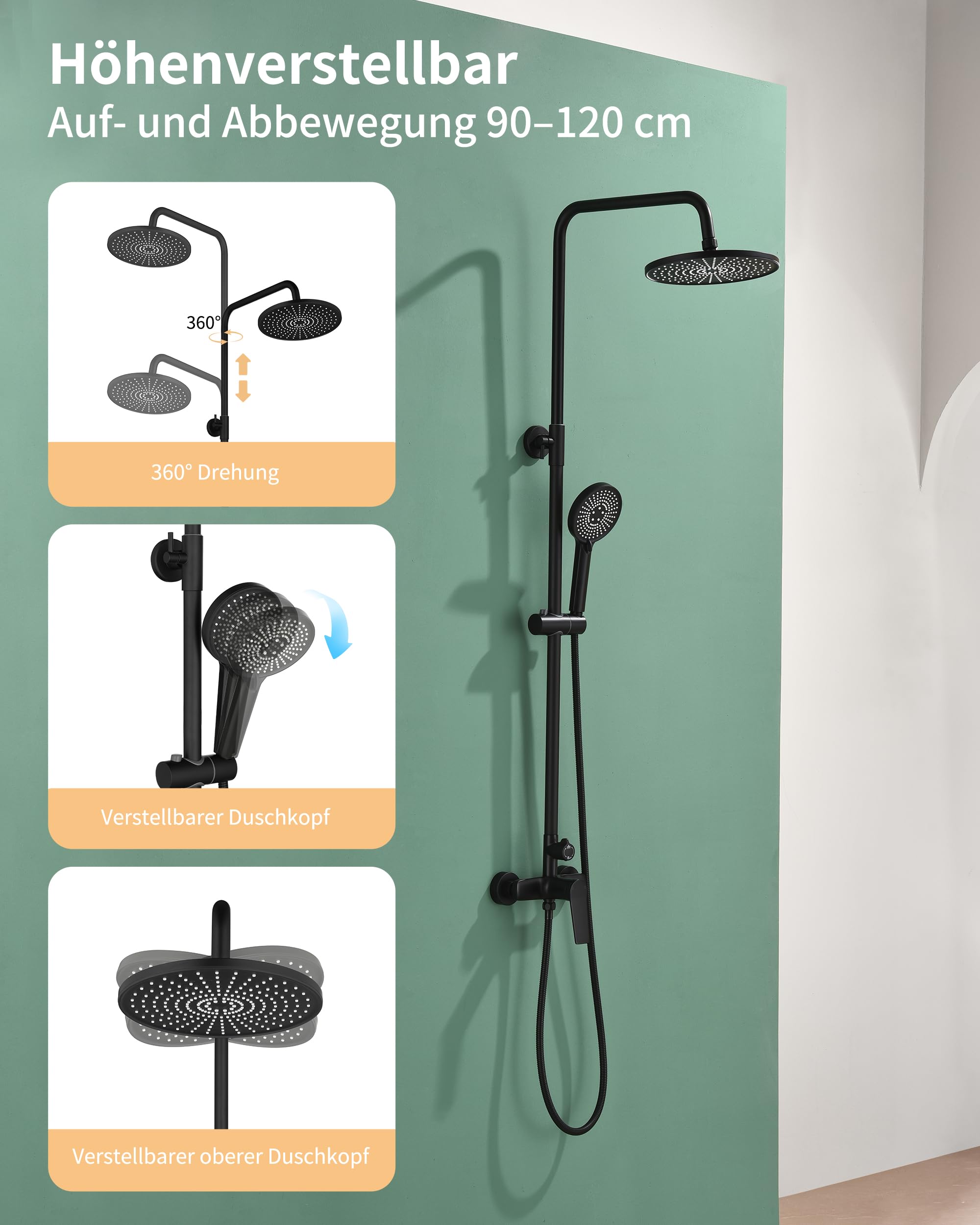 Ducha de lluvia con grifo negro, juego completo con ducha de lluvia de 23 cm, 3 tipos de chorro, cabezal de ducha, juego completo, juego de ducha, grifo monomando de latón