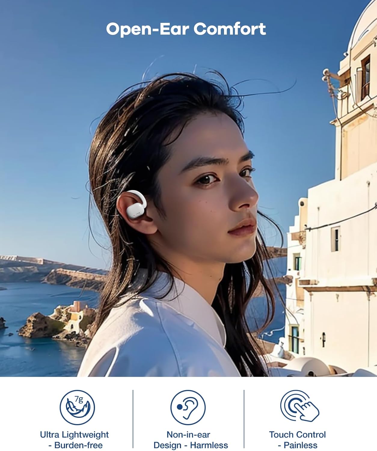 Open Ear Headphones Wireless Earbuds with Earhooks, 40Hrs Playtime Bluetooth 5.3 Touch Control Sport Headsets IPX6 Sweatproof Earphones for Running Cycling Workout (White) - Image 3