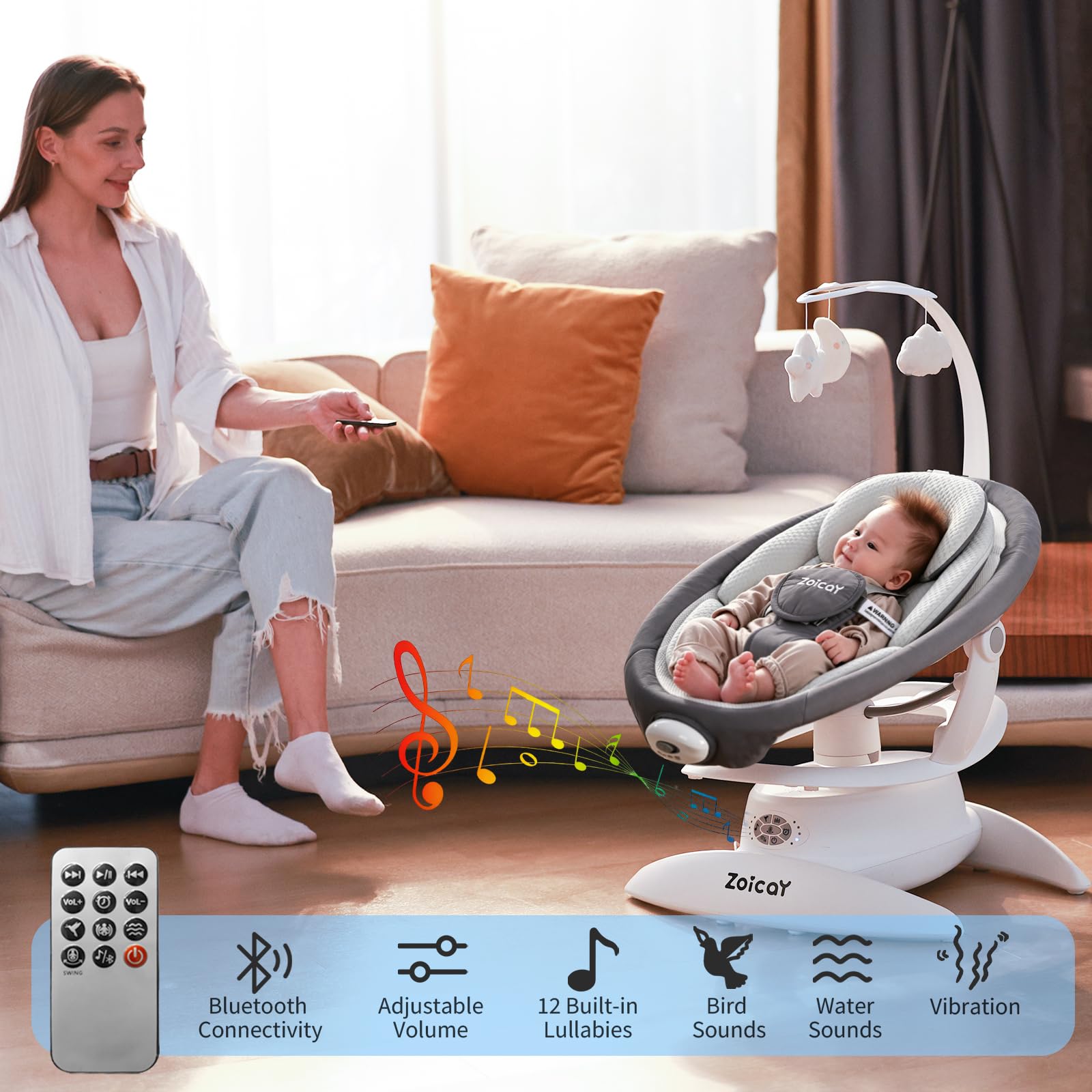 Sdraiette e dondolini con rilevamento del movimento Zoicay 3-in-1 sdraietta neonati regolabile a 360° e bluetooth e telecomando funzione di timer e musica integrata per uso indoor&outdoor (Grigio)