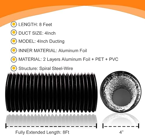 Miniatura 5 de Manguera de ventilación de secadora de 4 pulgadas de alta calidad, conducto flexible de 8 pies de largo con protección resistente de cuatro capas,