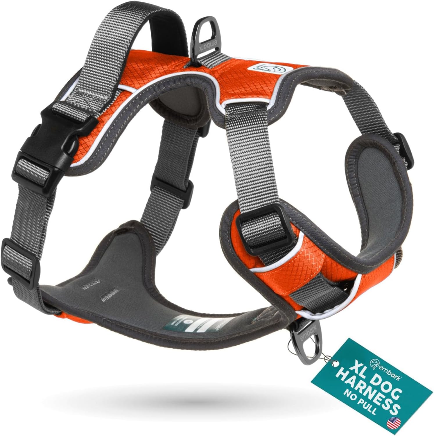 Adventure Dog Harness, Easy On and Off with Front and Back Lead Attachments & Control Handle - No Pull Training, Size Adjustable and No Choke (XL Orange)