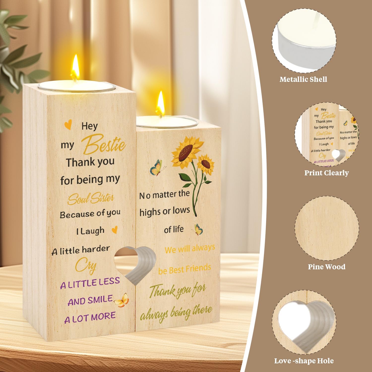 Bestie Gifts for Women - Sunflower Birthday Soul Sister Friendship Gifts for Women Friends Bestfriend BFF Candle Holder Candlestick Christmas Thank You Galentines Day Valentine's Day Gift for Friends - Image 4