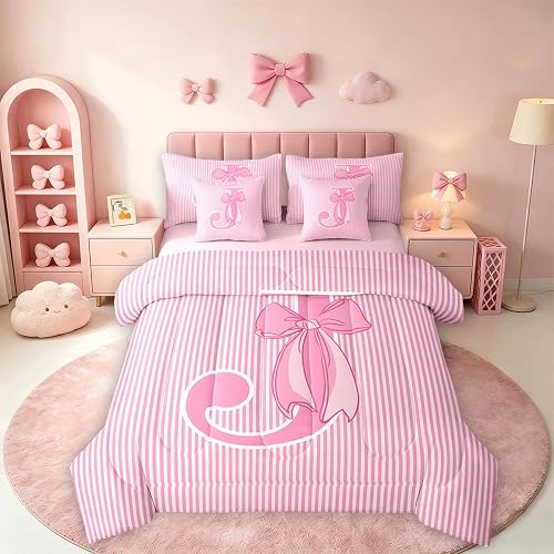 Feelyou Pink Bow Queen Comforter Set with Sheets for Kids Boys Girls Dreamy Prin
