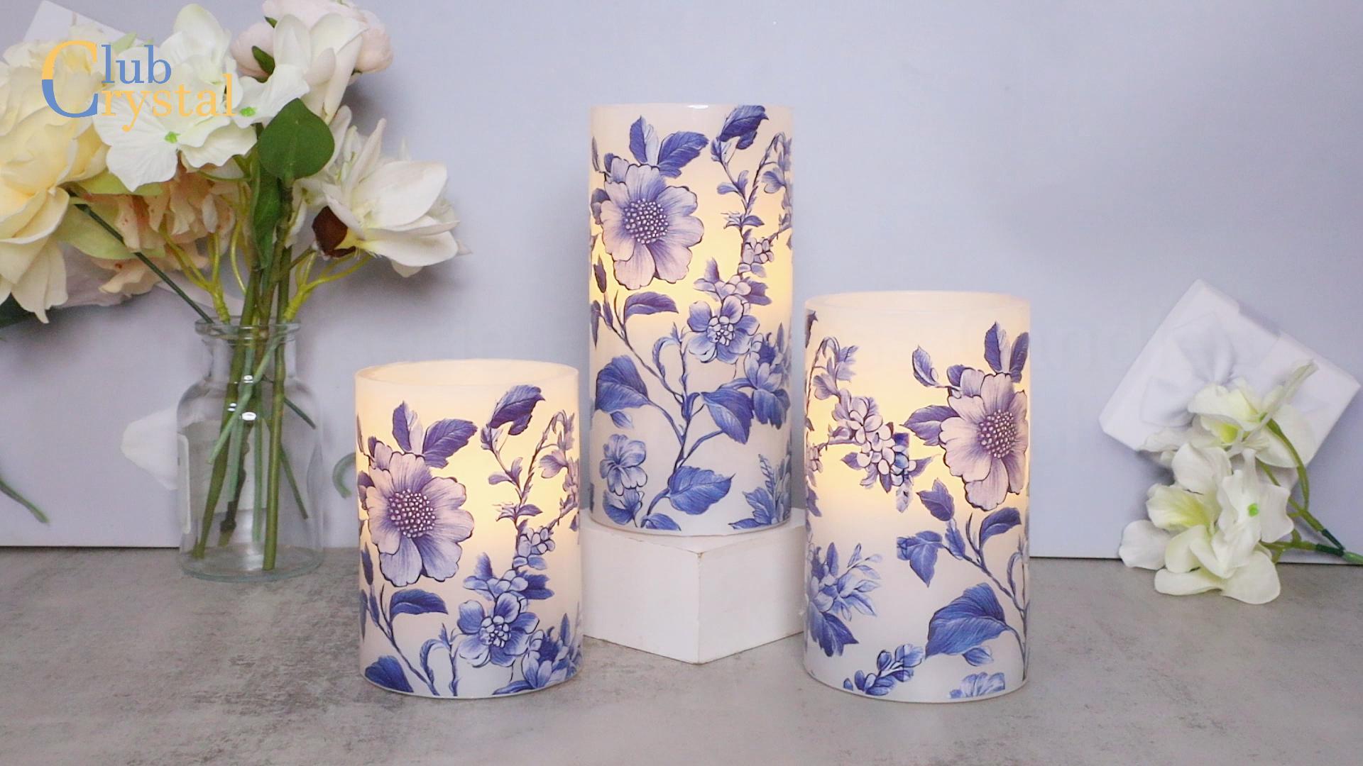 Image of Crystal Club Chinoiserie Decor Flameless Candles Blue and White Porcelain Floral Battery Operated LED Pillar Candles with Remote & Timer Real Wax Candles Floral Decor for Home Wedding Centerpiece
