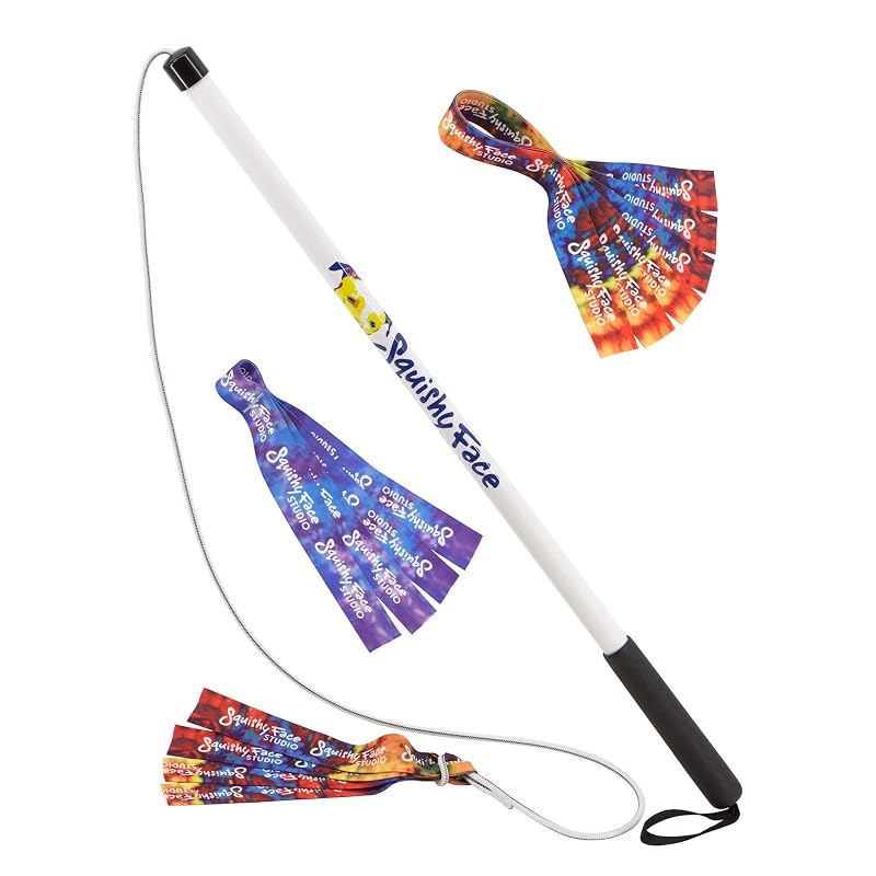 Brinquedo de exercício para cães Squishy Face Studio Flirt Pole V2 com 2 iscas e 1 puxador, 91,44 cm, Rainbow, Purple/Blue Tie Dye