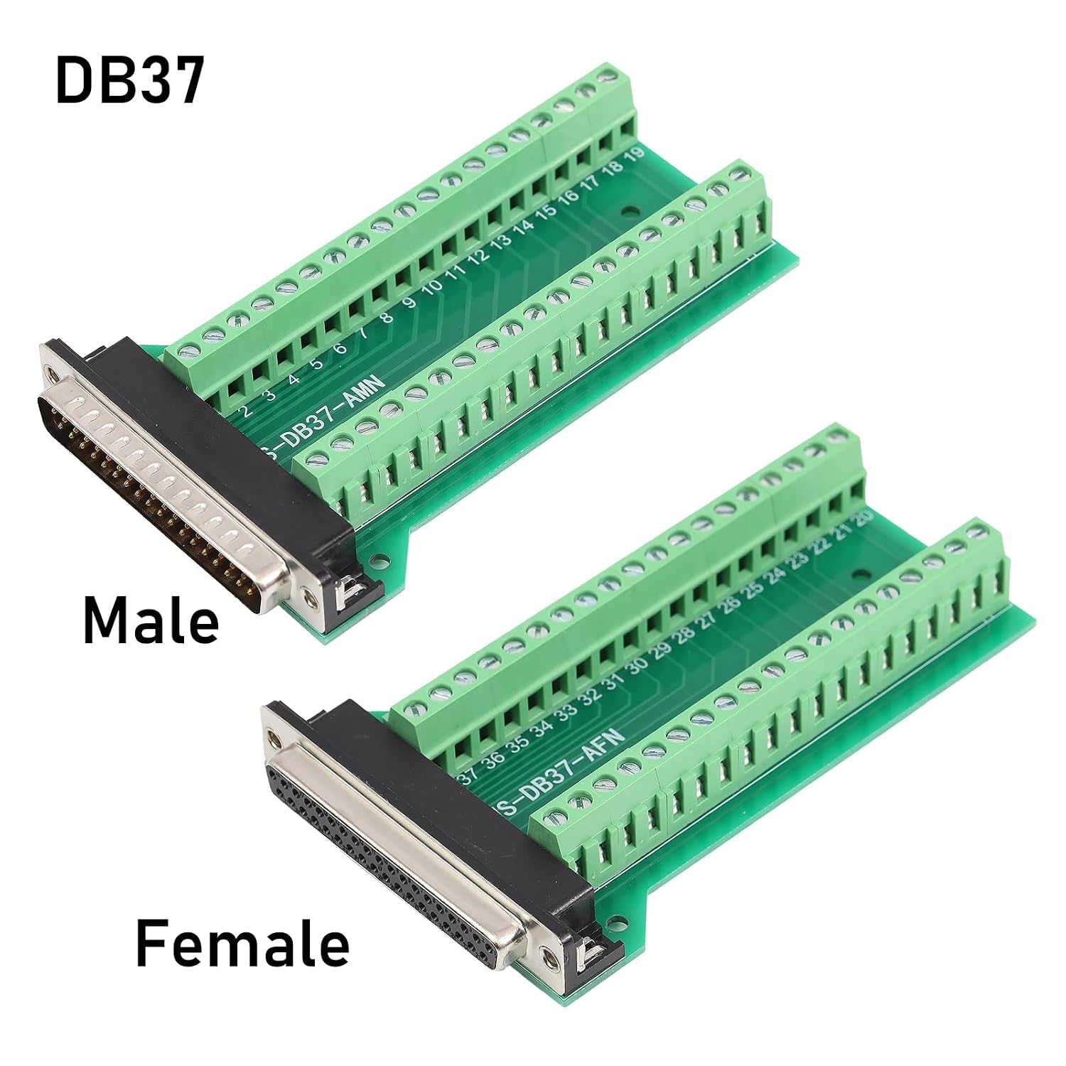 2Pcs DB37 Male Female Breakout Board Connector, RS232 D-SUB Serial 37 Pin Port Terminal Solderfree Adapter with Nut