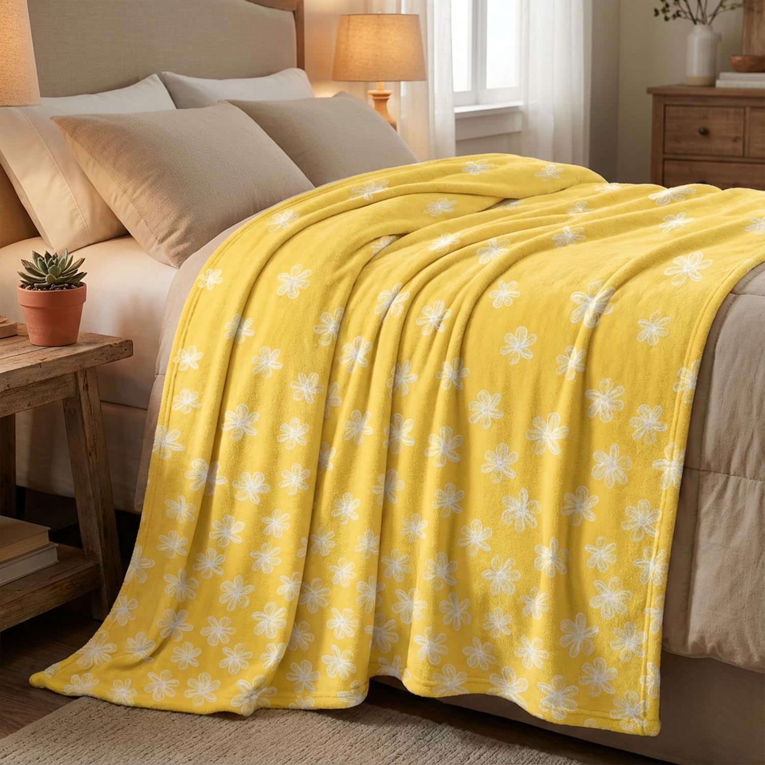 Horaldaily Spring Summer Flannel Blanket Throw, Yellow Watercolor Painting Flowers Soft Fuzzy Plush Cozy Fleece Blankets for Couch Sofa Bed Lounging, Ideal Gifts for Kids Adults Wife Self, 50x60 - Image 3