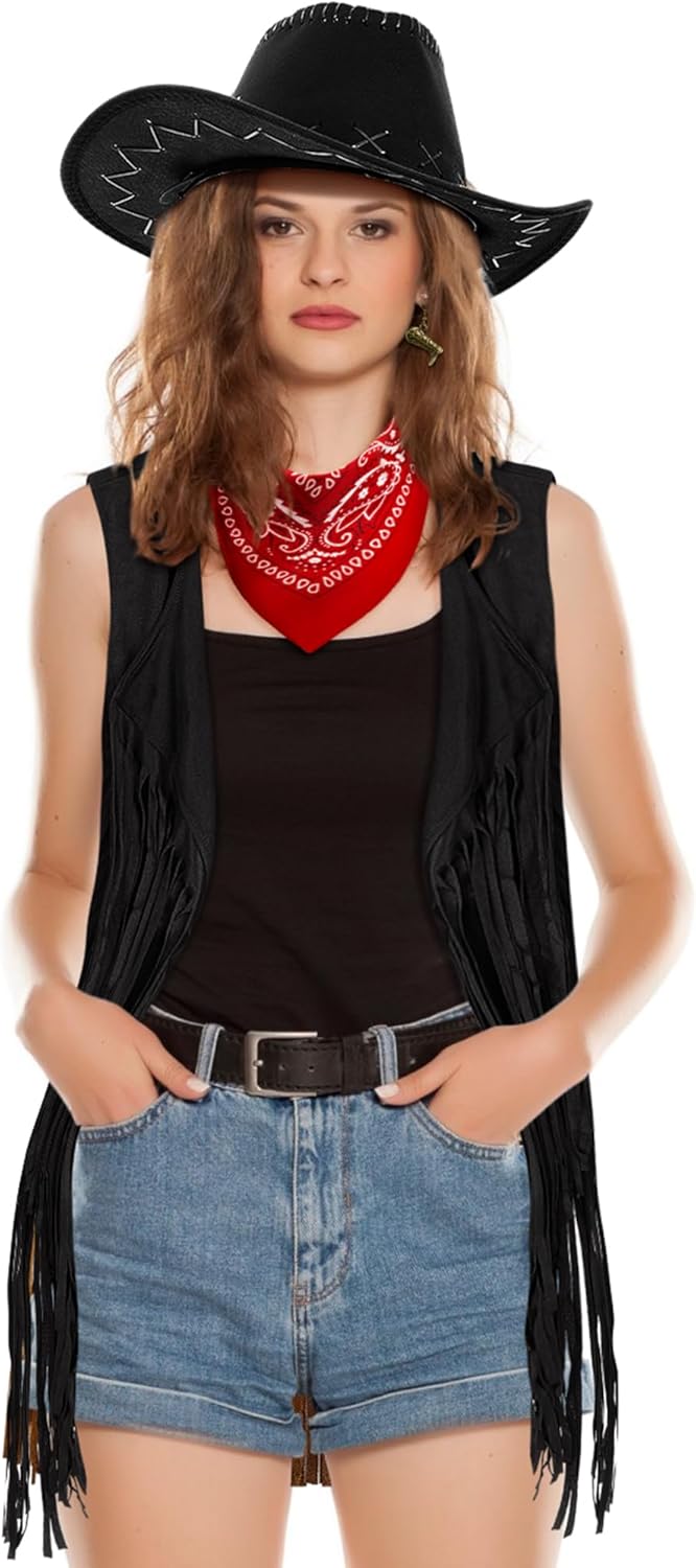 Xtinmee 4 Pcs Western Cowgirl Cowboy Outfits Set Women Tassel Vest Hat Dangle Drop Earring Paisley Bandana Dress up - Image 7