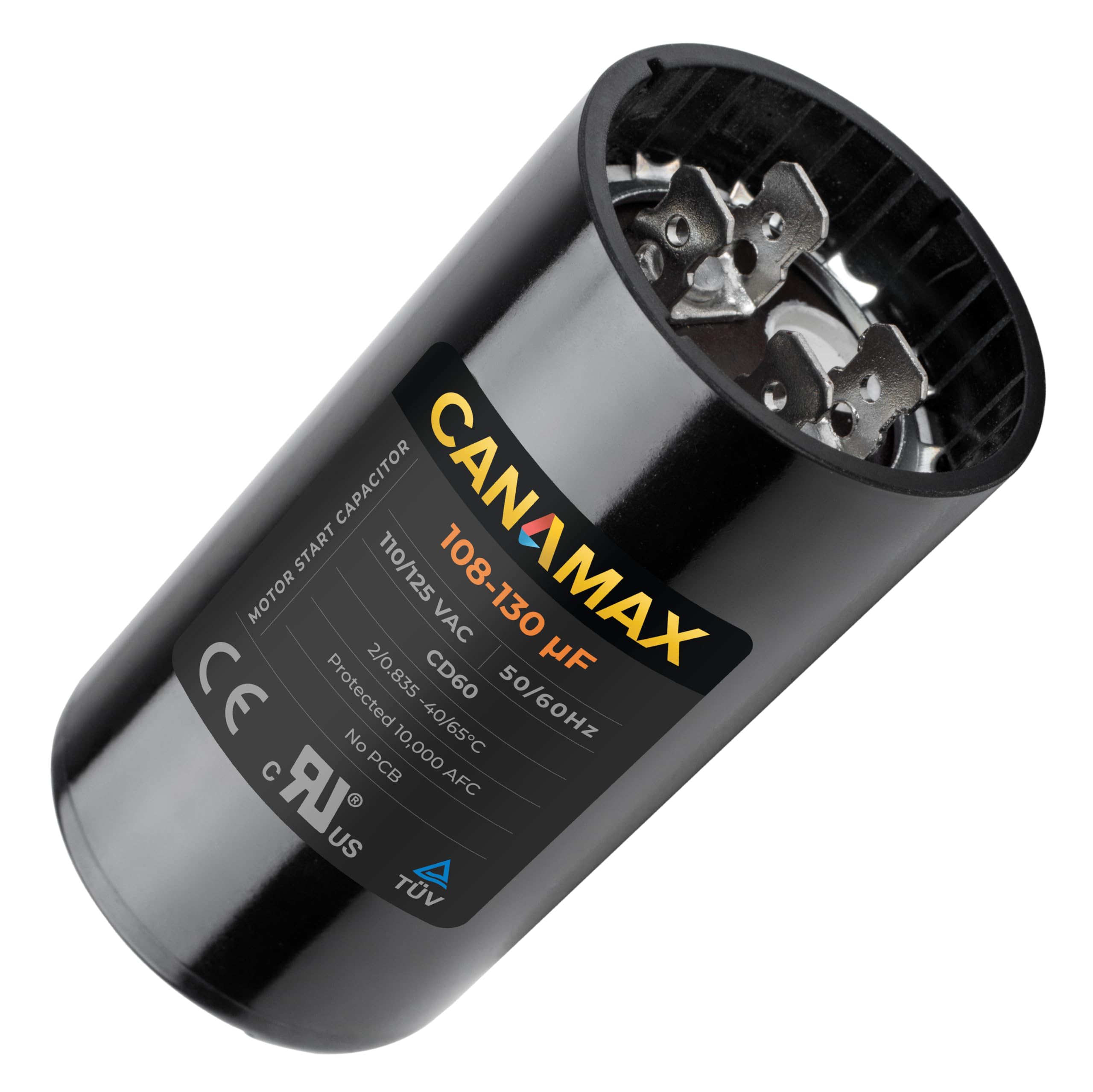 View 1 of 108-130 uf 108/130 MFD 110-125 VAC Volts CD60 Round Motor Start Capacitor 50/60 Hz AC Electric - Compatible with Single Phase Motor Capacitors Condenser Straight Cool or Heat Pump Air Conditioner