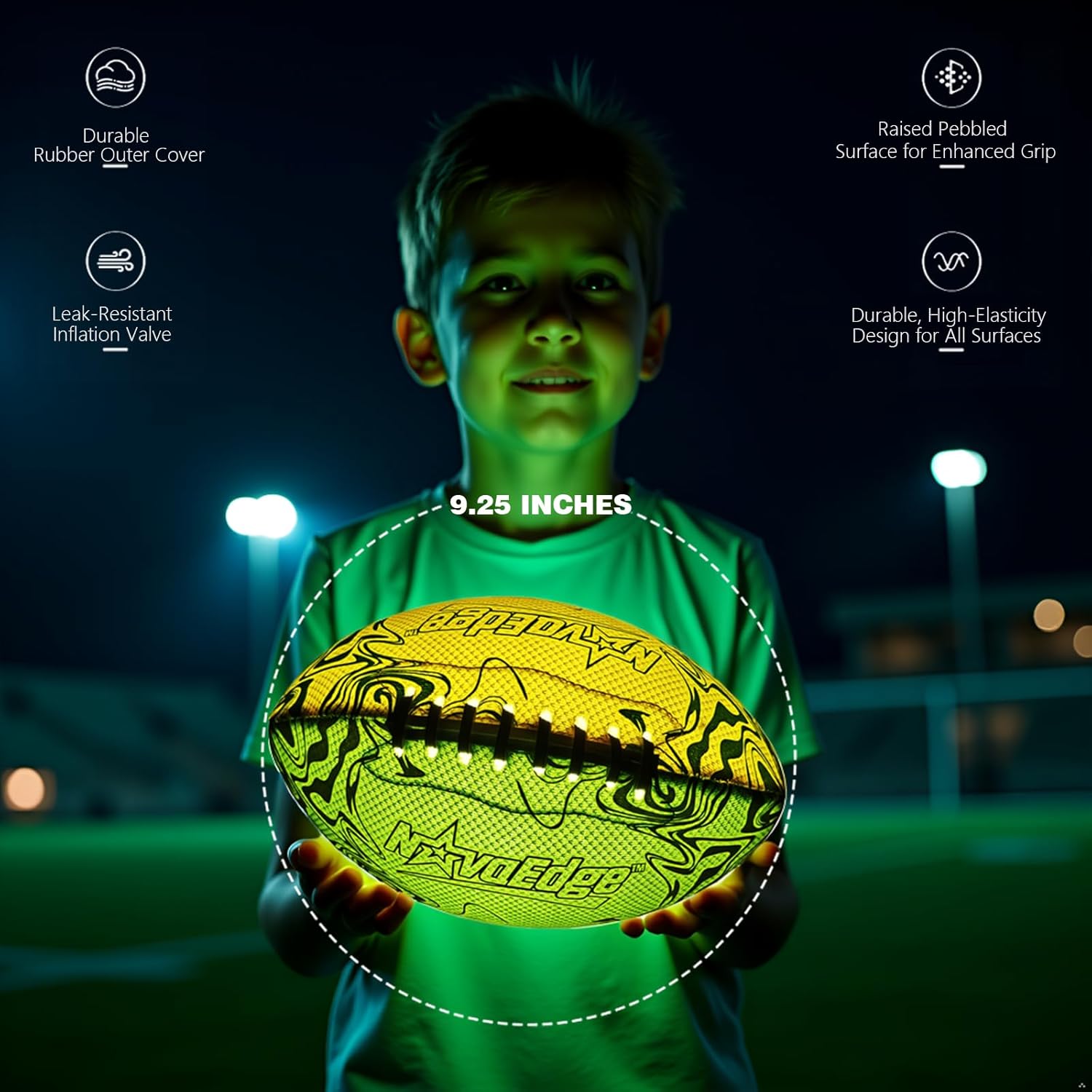 USB-C Rechargeable Football with LED Lights - Glow in the Dark Football, 9.25-inch Dual-Color Light-Up Ball, Night Play Sports Gift for Boys & Girls Outdoor Games
