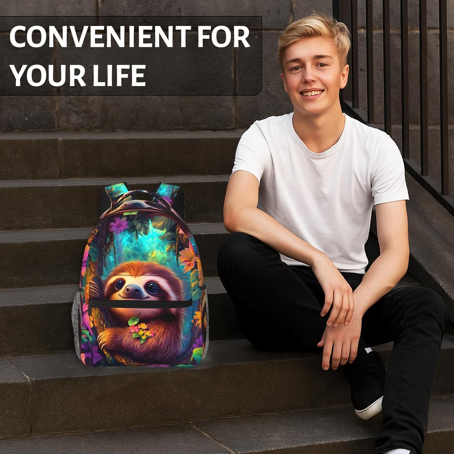 Cute Sloth Backpack for Women Teen Girls School Laptop College Colorful Jungle Floral Animal Backpacks for Gifts Travel Hiking Work Camping, Polyester Lightweight Aesthetic Bookbag Back Pack