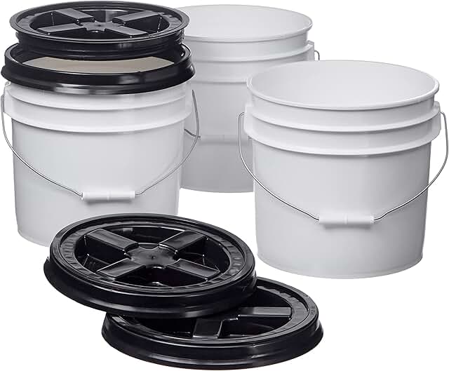 Consolidated Plastics 3.5 Gallon White Food Grade Buckets + Black Gamma Seal Lids, BPA Free Container Storage, Durable HDP...