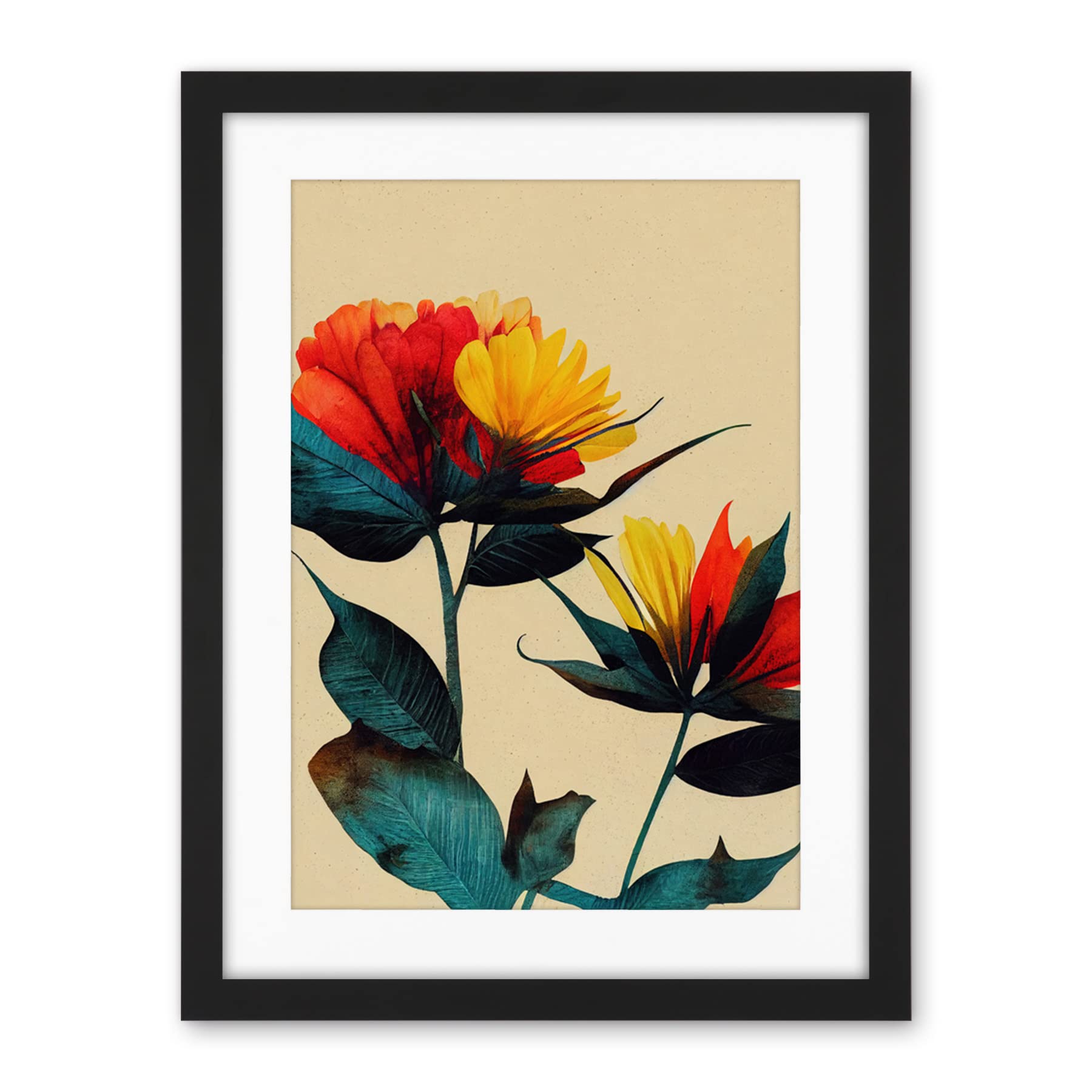 Wee Blue Coo Botanical Bold Flowering Yellow Red Teal Artwork Framed Wall Art Print 18X24 Inch
