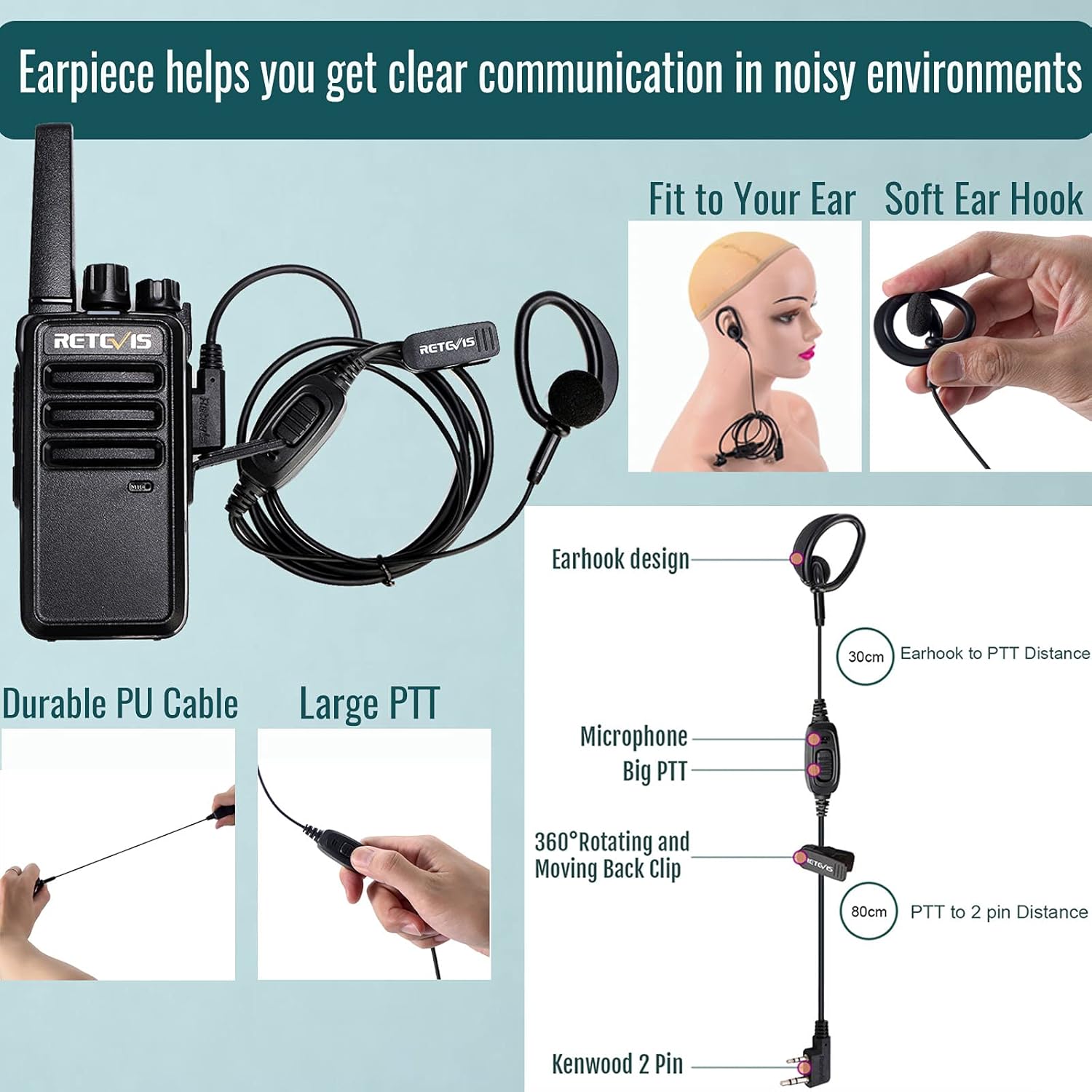 Retevis RT68 Earpiece with PTT button and Kenwood 2-pin connector