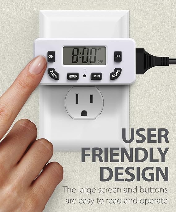 Fosmon Digital Timer for Electrical Outlets, Indoor 24 Hour Light Timer Programmable, Mini Plug in Outlet for Lamps, Fans, Grow Lights, 2 On/Off Programs, 15A/1875W, ETL Listed