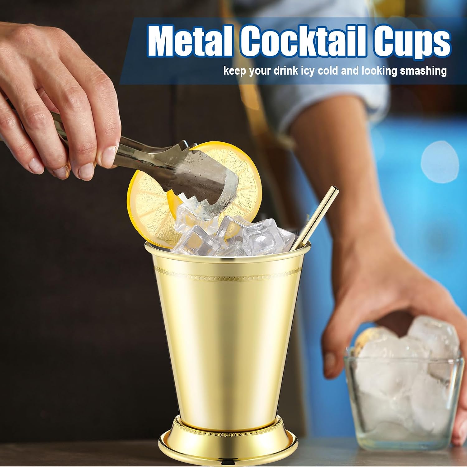 Ziliny 4 Pack Mint Julep Cups with Straws 12 oz Stainless Steel Drinking Metal Cocktail Glasses Beaded Mint Julep Cup for Horse Racing Derby Party Supplies (Gold)