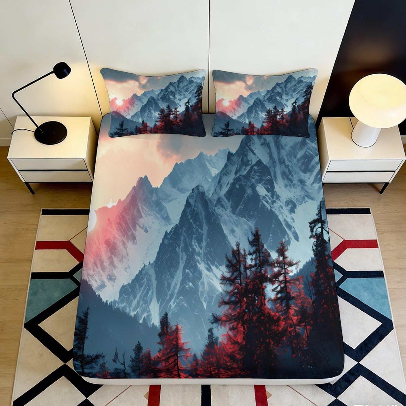 3D Printed Mountain Forest Fitted Sheet Microfiber Soft Breathable Sunset Peak Mattress Cover for Bedroom Dorm Decor 90x200x25cm