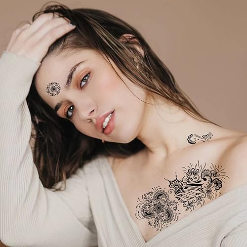 Miniatura 3 de Casciybo Tatuajes temporales de henna para adultos mujeres y niñas 12 hojas negras calcomanías de tatuaje de mandala de flores falsas arte