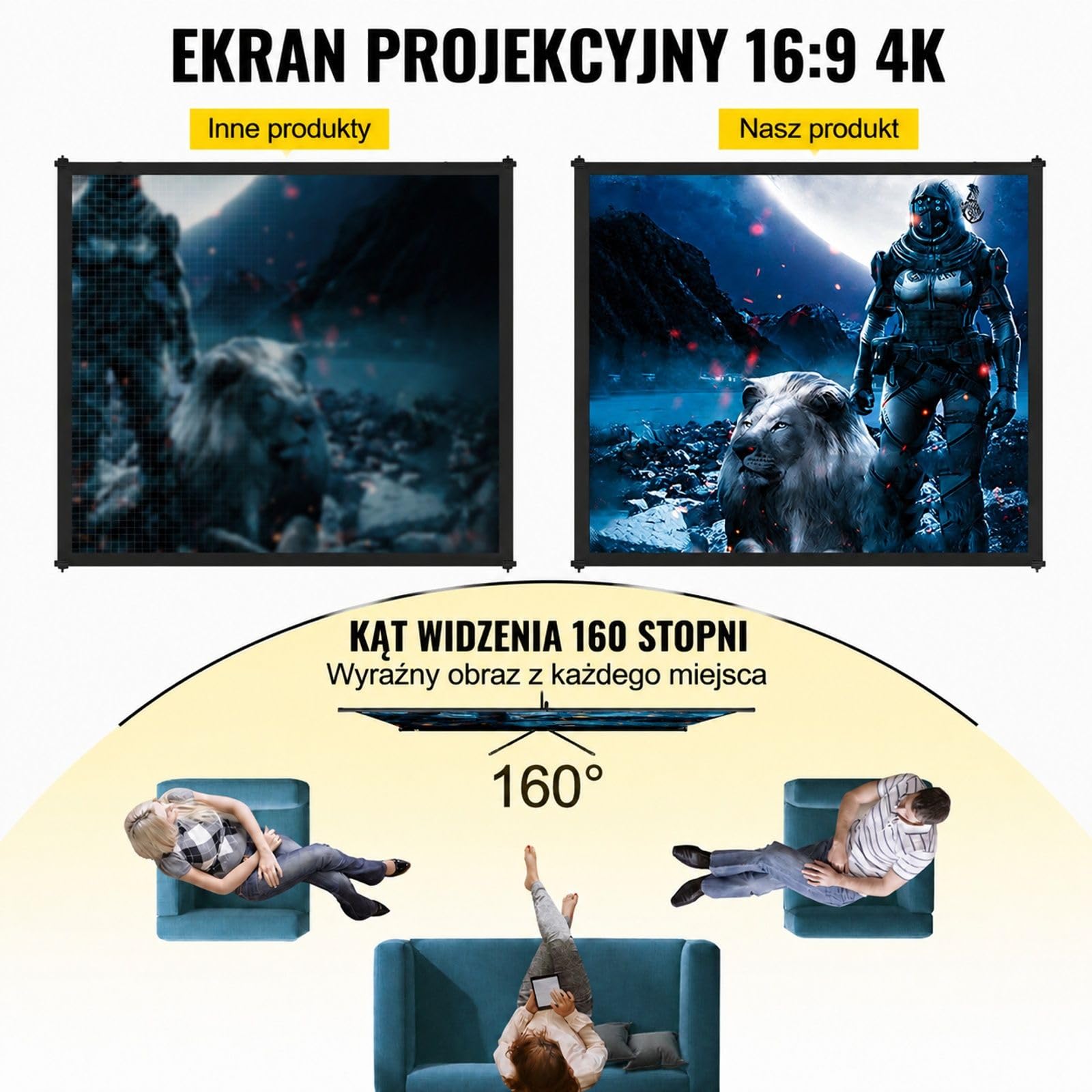 Ekran projekcyjny ze statywem, poliestrowa powierzchnia ekranu i regulowany aluminiowy stojak do kina domowego oraz prezentacji