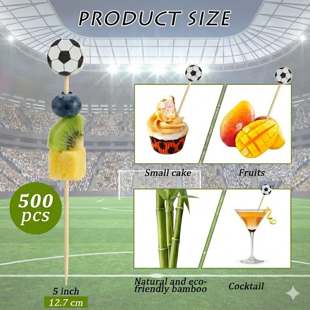 500 Pcs Soccer Bamboo Skewers, 4.7" Football Cocktail Picks, Decorative Appetizer Toppers for Soccer Themed Party, World Soccer Events & Game Day Supplies